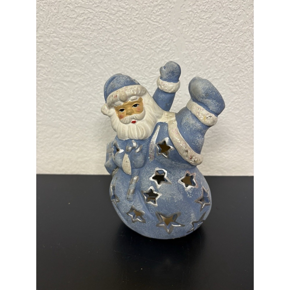 Vintage 1999 Christmas Tea light‎ Holder Blue Silver Santa on Sack 7" High